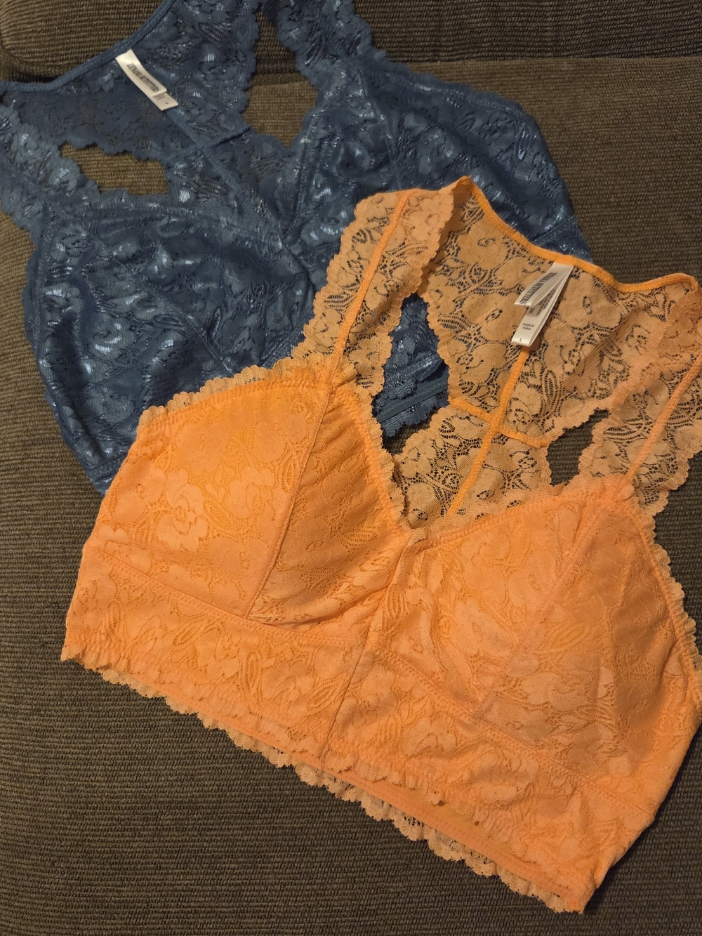 NWOT Set Of Two Lace Bralettes Orange and Blue Longline Racerback Neon Lingerie